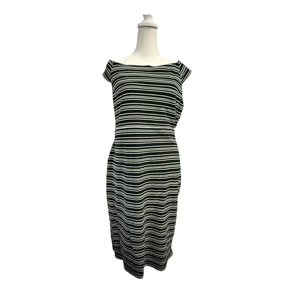 Paris Sunday Striped Boatneck Knit Dress Large | Black White Midi Bodycon
